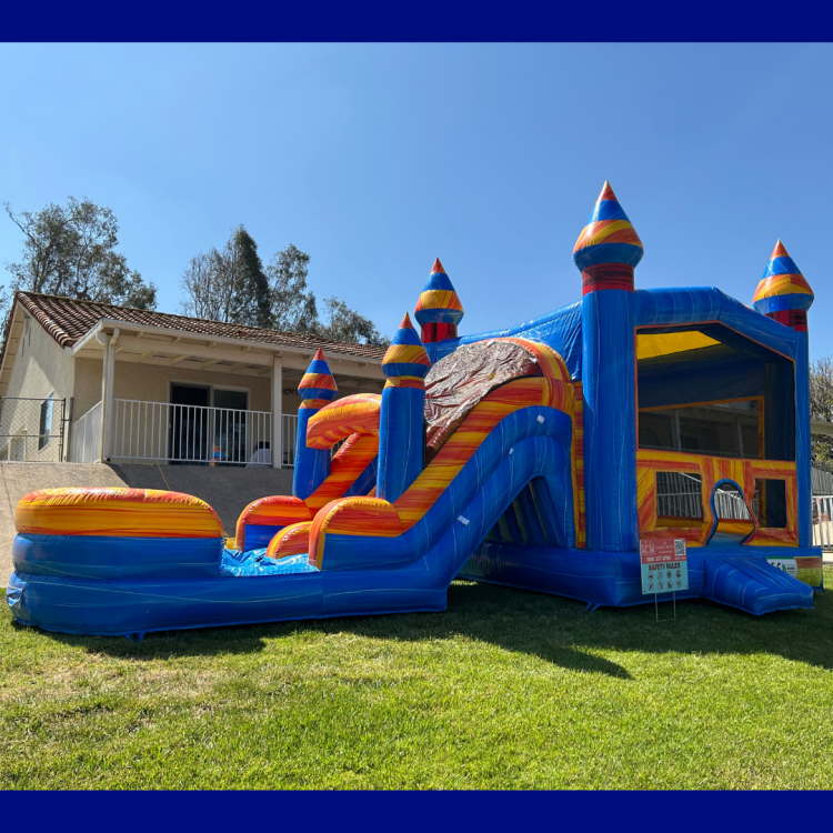 Kids enjoying a colorful bounce house rental at a party in Bloomington